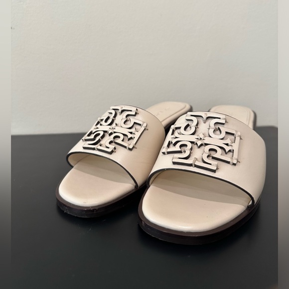 Tory Burch Block Heel Slide Sandals Creme White Brown Size US 7M - Picture 2 of 12